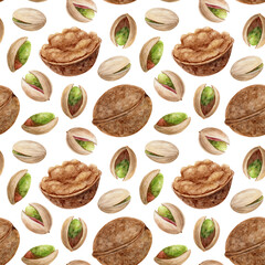 Walnuts and pistachios in shells, watercolor seamless pattern on a white background. Hand-drawn illustration of healthy snacks.
