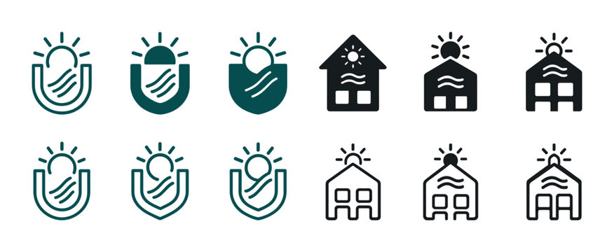 Sun-symbol: diverse house and shield icons with sun elements