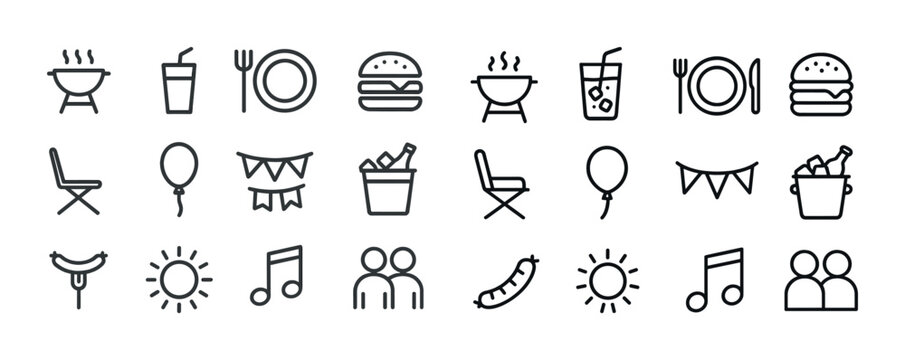 Minimal outdoor party icons: bbq, snacks, music, drinks, and decorations - Powered by Adobe