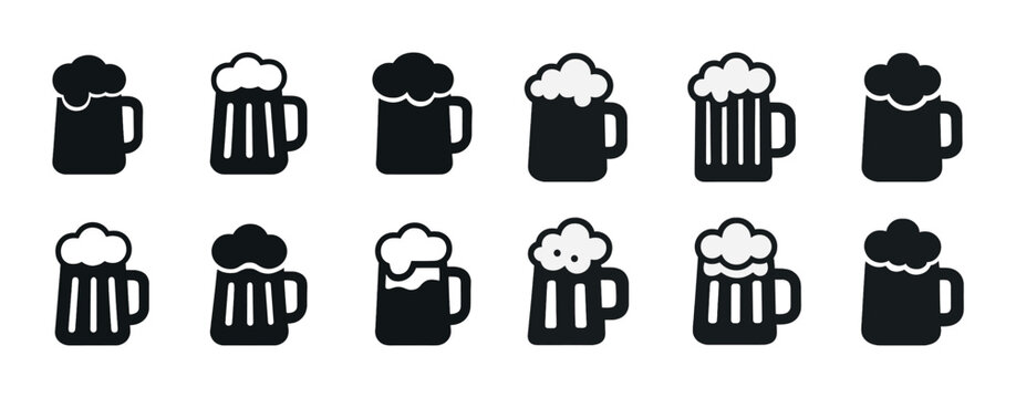 Black and white icon set of beer mugs with frothy tops