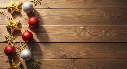 Festive Christmas ornaments on wooden background create warm holiday cheer, perfect for seasonal greetings and heartfelt messages