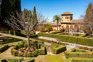 Ladies tower of Alhambra palace and gardens of Partal, Granada, Spain