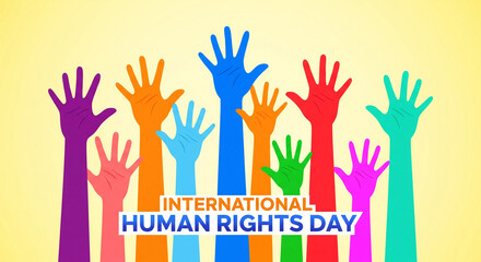 Fototapeta premium Celebrate International Human Rights Day with diverse hands reaching for equality, justice, and freedom, promoting unity, awareness, and global peace for everyone