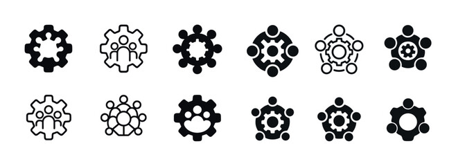 Set of gear and people icons representing teamwork and collaboration