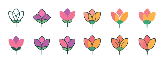 Colorful geometric floral icons: abstract flowers in various styles
