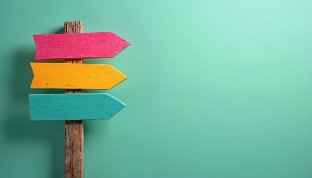 Three colorful wooden arrows fixed on wooden post against green backdrop. Arrows point different directions. Concept of choice alternative path. Symbol of decision making guidance way direction.