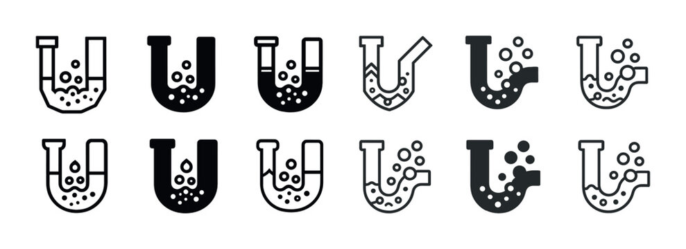 Various illustrated pipe icons with bubbles in black and white