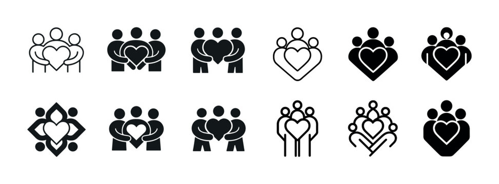 Set of family and heart icons illustrating unity and love in black and white