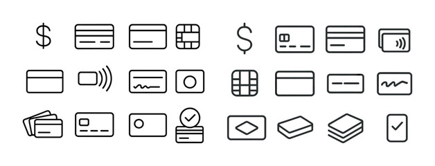 Set of minimalist payment and credit card icons with contactless feature