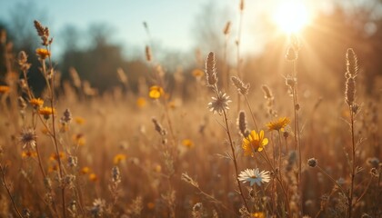 Dry wildflowers and grass grow in a sunny meadow. Golden sun rays shine through the field at sunset or sunrise. Wild plants stand tall in warm autumn light. Quiet nature scene.