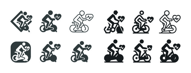 Icons of exercising on stationary bikes with heartbeat symbols