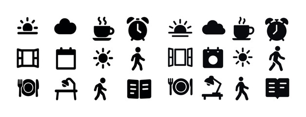Daily routine icons: sunrise, coffee, walking, fitness, relaxation
