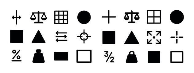 Set of 27 black geometric symbols and shapes on white background