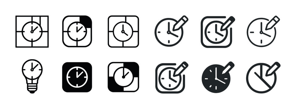 Set of various clock icons in black and white design styles