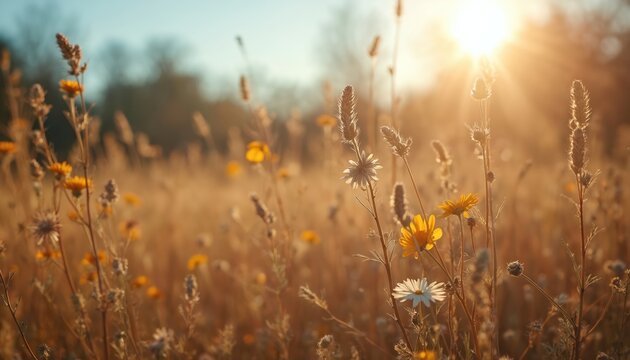 Dry wildflowers and grass grow in a sunny meadow. Golden sun rays shine through the field at sunset or sunrise. Wild plants stand tall in warm autumn light. Quiet nature scene. - Powered by Adobe
