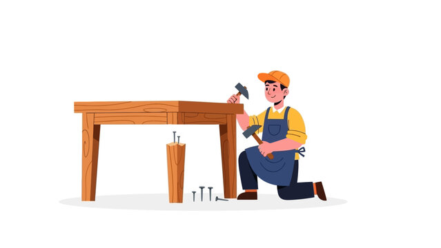 Man assembling a wooden table with a hammer, showing a DIY furniture project