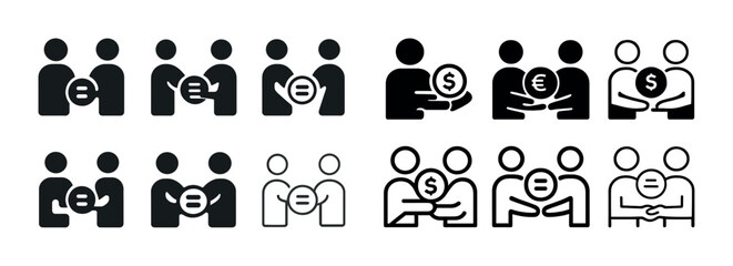Black and white stick figures showing diverse currency exchange interactions