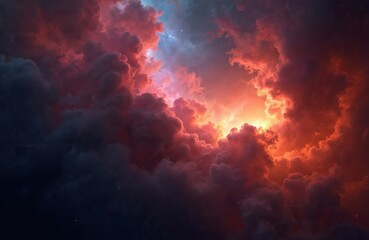 Fototapeta premium Fiery red and blue clouds swirl in deep space, lit by intense light. Cosmic phenomenon creates a mystical, magical atmosphere. Vast darkness punctuated by bright stars, abstract sky backdrop.