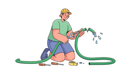Determined man attempting to fix a broken garden hose with tools, addressing a leaky water pipe problem in the backyard