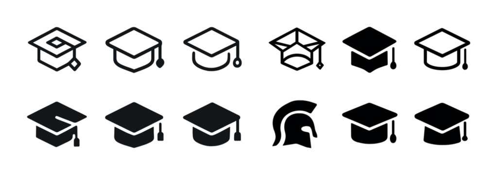 Graduation cap icons set with diverse design styles