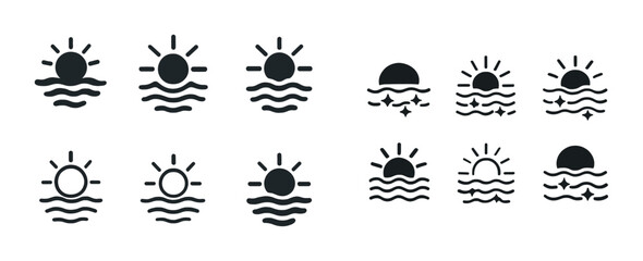 Set of 12 minimalist sun and wave icons in black on white background