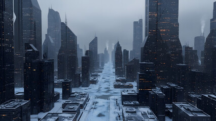 Urban winter landscape: A chilling view of a futuristic city blanketed in snow, skyscrapers piercing the sky, conveying a sense of cold and solitude.