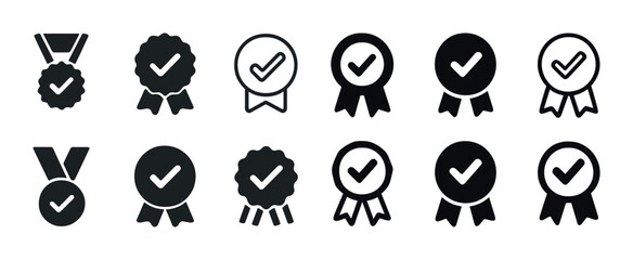 Set of award badge and medal icons with check marks in black and white