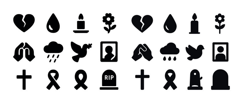 Set of funeral and memorial icons featuring symbols of mourning and remembrance