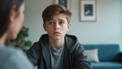 Worried boy talks to unseen person in therapy session. Teenager seeks guidance, support for juvenile justice diversion program. Youth discusses issues in office setting, looking for help.