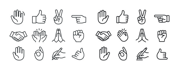 Fototapeta premium Variety of hand gesture icons: thumbs up, peace sign, pointing, handshake, fist