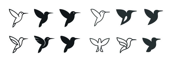 Silhouette icons of hummingbirds in various styles and profiles