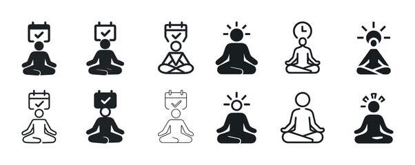 Meditation and mindfulness icon set featuring calm and relaxation symbols