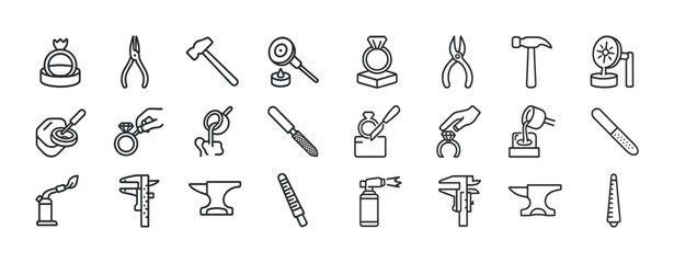 Jewelry making tools icon set with ring, hammer, magnifying glass, pliers, anvil, calipers