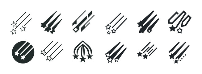 Set of various shooting star icons in black on white background