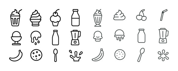 Ice cream and beverage icons: milkshake, sundae, banana, blender, spoon