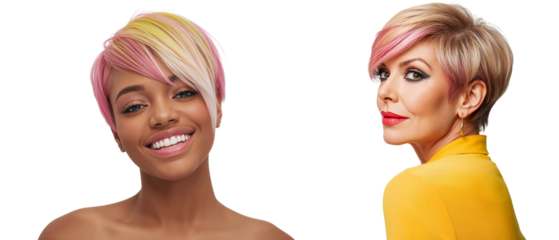 Beautiful young and mature woman with a pixie haircut on a transparent background