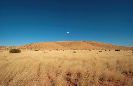 Kgalagadi scenery features dry grass plain with dunes under clear blue sky. Moon visible at daytime. The landscape shows arid wilderness of South Africa. Sparse vegetation dots the sandy terrain.