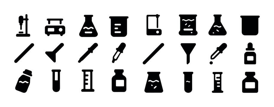 Silhouette icons of chemistry lab equipment with beakers and flasks