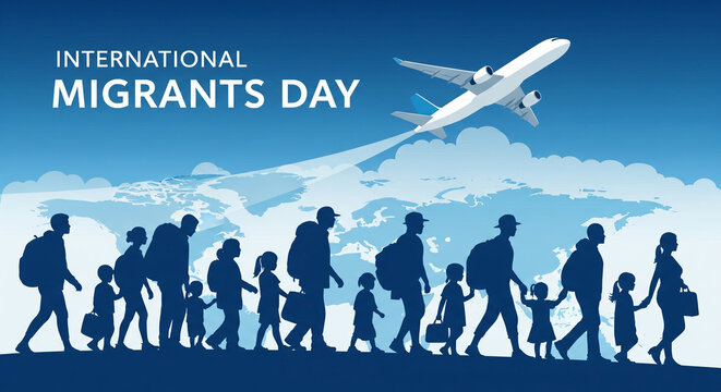 Uplifting illustration for International Migrants Day showcasing hope and resilience with families traveling by airplane, symbolizing global unity and cultural diversity