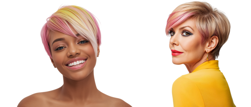 Beautiful young and mature woman with a pixie haircut on a transparent background