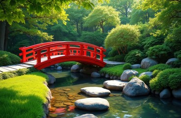 Red arched bridge spans tranquil water in lush green japanese garden. Stone path crosses water. Lush trees and bushes surround peaceful serene nature scene with rocks.