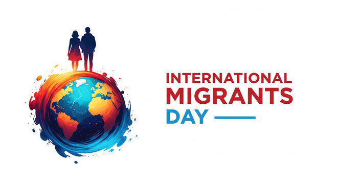 Couple stands on vibrant earth globe celebrating International Migrants Day, symbolizing global unity and shared humanity, promoting empathy and awareness for migrants' contributions. - Powered by Adobe