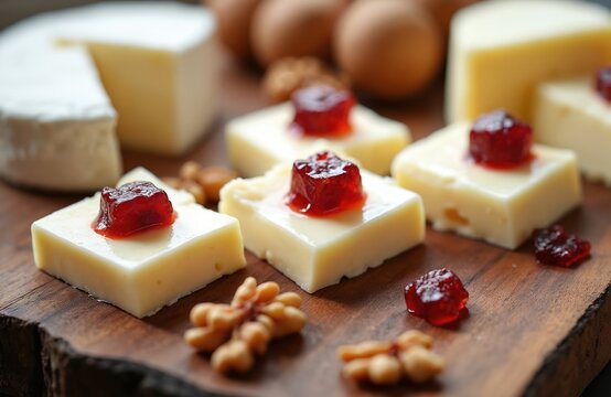 Several cheese cubes topped with red jelly sit on a wooden board. Soft cheese wheels and eggs are in background. Walnuts add texture to this gourmet snack. - Powered by Adobe
