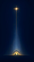 A radiant star beams light onto the nativity with Mary, Joseph, and baby Jesus, creating a serene and inspiring image perfect for holiday cards, religious art, and festive promotions.