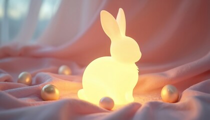 Glowing Easter bunny lamp sits with pastel eggs on soft fabric. Springtime celebration, tender glow, cheerful decor. Holiday mood, decorative bunny figure.