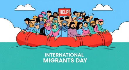 Heartfelt illustration of migrants seeking safety during International Migrants Day, highlighting themes of hope, resilience, and the importance of global support, migration