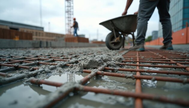 Workers pour wet concrete onto steel rebar mesh grid. Man pushes wheelbarrow with cement mix. Construction site, building progress, foundation work. Wet material covers metal bars.