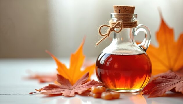 Small glass bottle filled with maple syrup stands on table. Autumn orange, red maple leaves, caramel candies decorate light surface. It suggests fall season, natural sweet food, delicious dessert.