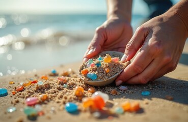 Human hands scoop brown sand mixed with colorful small microplastic particles from sunny beach shore. Person collects tiny plastic waste near blue ocean water. Image shows severe eco pollution