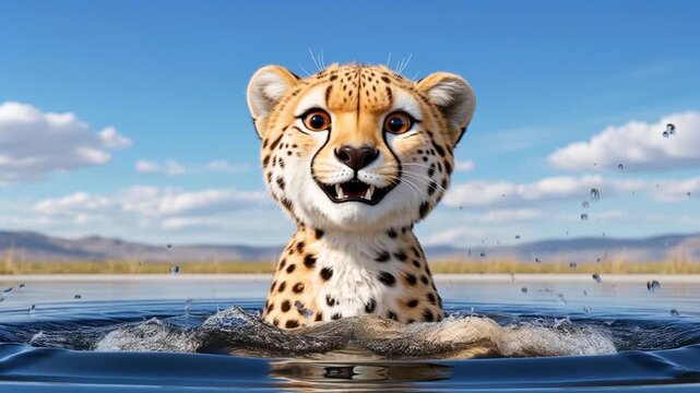Cute cartoon cheetah running fast across savanna with big smile